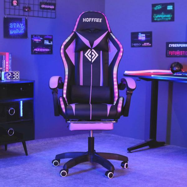HOFFREE RGB Gaming Chair with Speakers Massage Computer Gaming Chair with LED Lights and Footrest High Back Video Game Chair for Adults Blue and Black