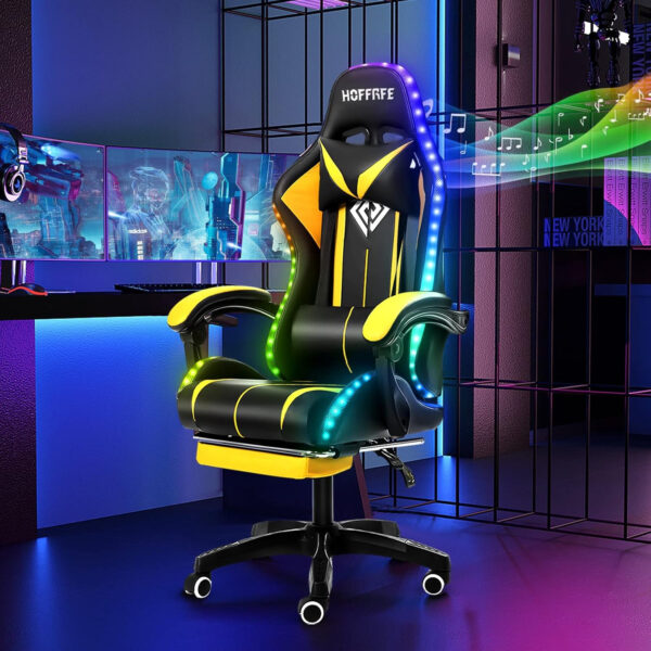 HOFFREE RGB Gaming Chair with Speakers Massage Computer Gaming Chair with LED Lights and Footrest High Back Video Game Chair for Adults Blue and Black