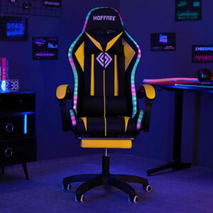 HOFFREE RGB Gaming Chair with Speakers Massage Computer Gaming Chair with LED Lights and Footrest High Back Video Game Chair for Adults Blue and Black