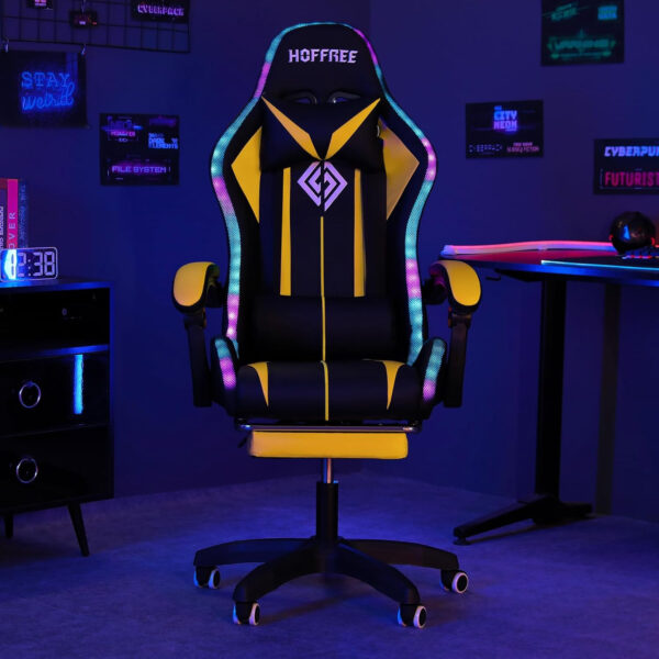 HOFFREE RGB Gaming Chair with Speakers Massage Computer Gaming Chair with LED Lights and Footrest High Back Video Game Chair for Adults Blue and Black