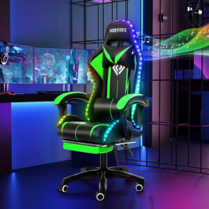 HOFFREE RGB Gaming Chair with Speakers Massage Computer Gaming Chair with LED Lights and Footrest High Back Video Game Chair for Adults Blue and Black