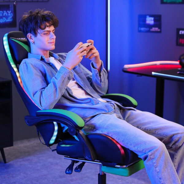 HOFFREE RGB Gaming Chair with Speakers Massage Computer Gaming Chair with LED Lights and Footrest High Back Video Game Chair for Adults Blue and Black