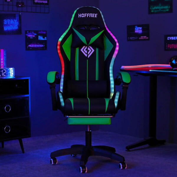 HOFFREE RGB Gaming Chair with Speakers Massage Computer Gaming Chair with LED Lights and Footrest High Back Video Game Chair for Adults Blue and Black