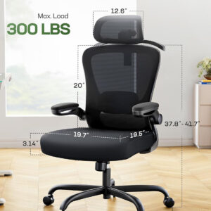 Marsail Ergonomic Office Chair: Ergonomic Gaming Chair with 3D Headrest, 3D Lumbar Support, Flip-up Armrests, High Back Adjustable Desk Chair with 90-120° Tilt Lock, Thick Cushion (Black)