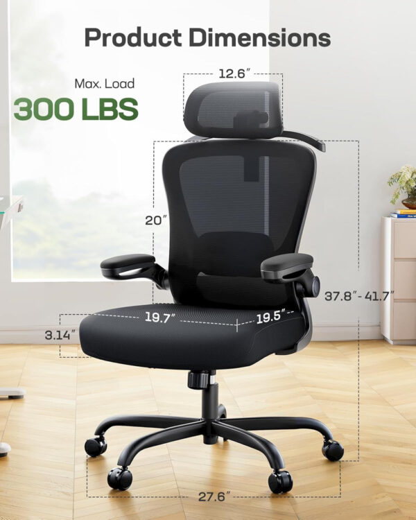 Marsail Ergonomic Office Chair: Ergonomic Gaming Chair with 3D Headrest, 3D Lumbar Support, Flip-up Armrests, High Back Adjustable Desk Chair with 90-120° Tilt Lock, Thick Cushion (Black)
