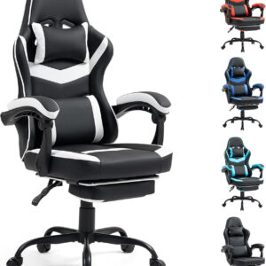 Gaming Chair with Footrest for Adults - Ergonomic Gaming Chairs with Foot Rest - Big and Tall Computer Game Chair - PU Leather Reclining Video Game Chairs with Spring Cushion - Black/White