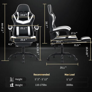 Gaming Chair with Footrest for Adults - Ergonomic Gaming Chairs with Foot Rest - Big and Tall Computer Game Chair - PU Leather Reclining Video Game Chairs with Spring Cushion - Black/White