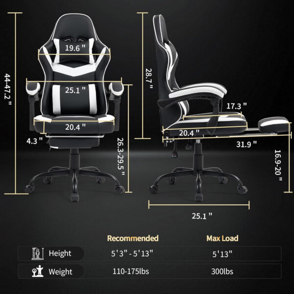 Gaming Chair with Footrest for Adults - Ergonomic Gaming Chairs with Foot Rest - Big and Tall Computer Game Chair - PU Leather Reclining Video Game Chairs with Spring Cushion - Black/White