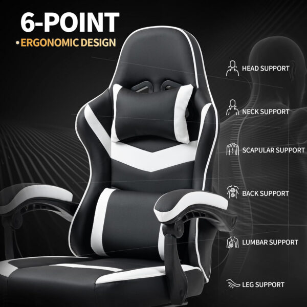 Gaming Chair with Footrest for Adults - Ergonomic Gaming Chairs with Foot Rest - Big and Tall Computer Game Chair - PU Leather Reclining Video Game Chairs with Spring Cushion - Black/White