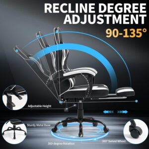 Gaming Chair with Footrest for Adults - Ergonomic Gaming Chairs with Foot Rest - Big and Tall Computer Game Chair - PU Leather Reclining Video Game Chairs with Spring Cushion - Black/White