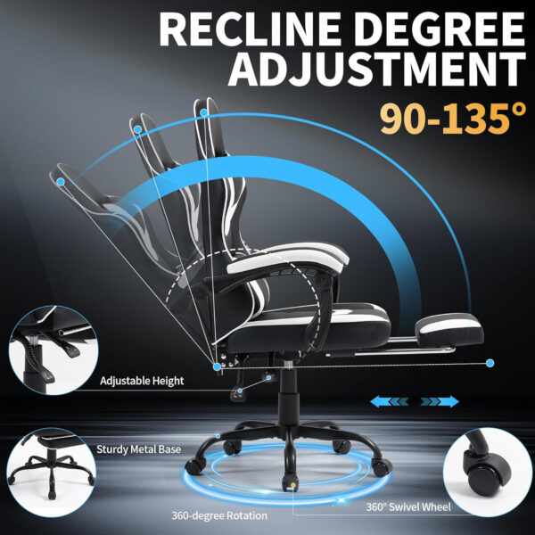 Gaming Chair with Footrest for Adults - Ergonomic Gaming Chairs with Foot Rest - Big and Tall Computer Game Chair - PU Leather Reclining Video Game Chairs with Spring Cushion - Black/White