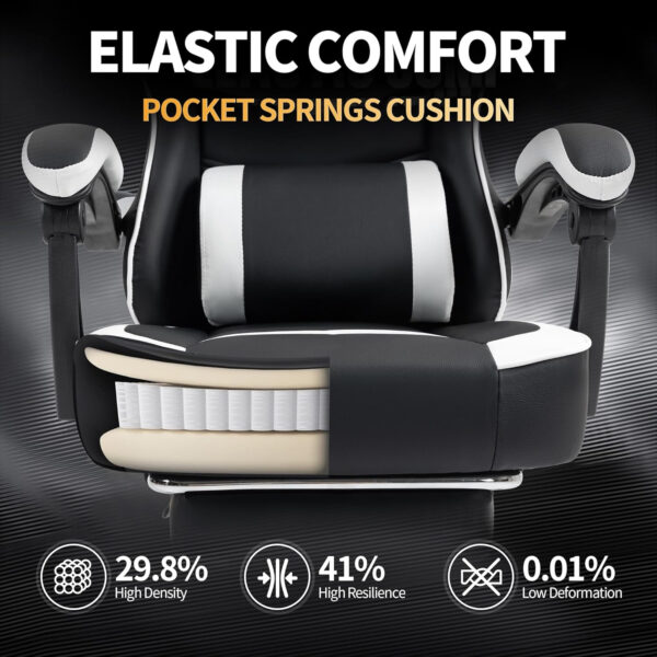 Gaming Chair with Footrest for Adults - Ergonomic Gaming Chairs with Foot Rest - Big and Tall Computer Game Chair - PU Leather Reclining Video Game Chairs with Spring Cushion - Black/White