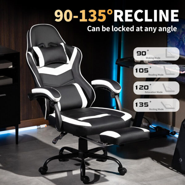 Gaming Chair with Footrest for Adults - Ergonomic Gaming Chairs with Foot Rest - Big and Tall Computer Game Chair - PU Leather Reclining Video Game Chairs with Spring Cushion - Black/White