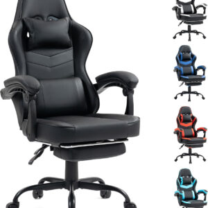 Gaming Chair with Footrest for Adults - Ergonomic Gaming Chairs with Foot Rest - Big and Tall Computer Game Chair - PU Leather Reclining Video Game Chairs with Spring Cushion - Black/White