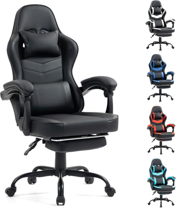 Gaming Chair with Footrest for Adults - Ergonomic Gaming Chairs with Foot Rest - Big and Tall Computer Game Chair - PU Leather Reclining Video Game Chairs with Spring Cushion - Black/White