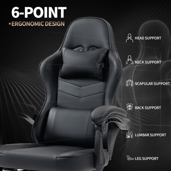 Gaming Chair with Footrest for Adults - Ergonomic Gaming Chairs with Foot Rest - Big and Tall Computer Game Chair - PU Leather Reclining Video Game Chairs with Spring Cushion - Black/White