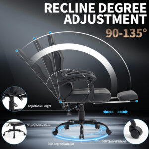 Gaming Chair with Footrest for Adults - Ergonomic Gaming Chairs with Foot Rest - Big and Tall Computer Game Chair - PU Leather Reclining Video Game Chairs with Spring Cushion - Black/White