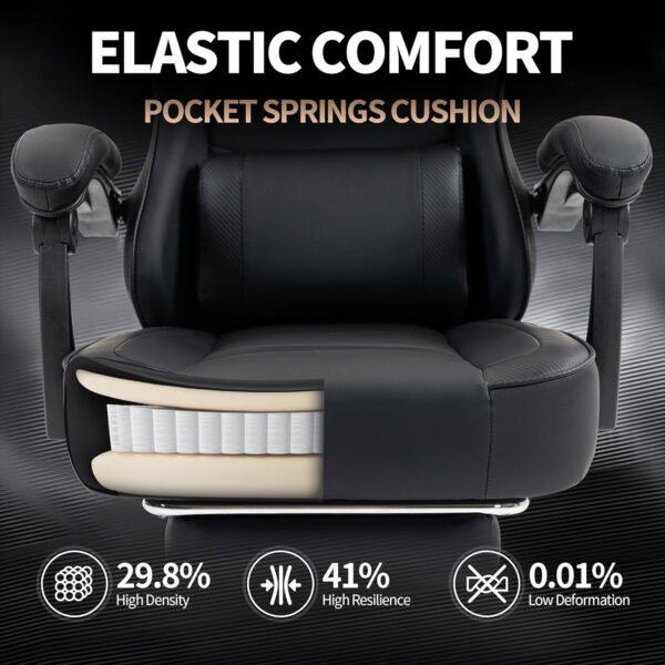 Gaming Chair with Footrest for Adults - Ergonomic Gaming Chairs with Foot Rest - Big and Tall Computer Game Chair - PU Leather Reclining Video Game Chairs with Spring Cushion - Black/White