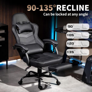Gaming Chair with Footrest for Adults - Ergonomic Gaming Chairs with Foot Rest - Big and Tall Computer Game Chair - PU Leather Reclining Video Game Chairs with Spring Cushion - Black/White