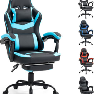 Gaming Chair with Footrest for Adults - Ergonomic Gaming Chairs with Foot Rest - Big and Tall Computer Game Chair - PU Leather Reclining Video Game Chairs with Spring Cushion - Black/White