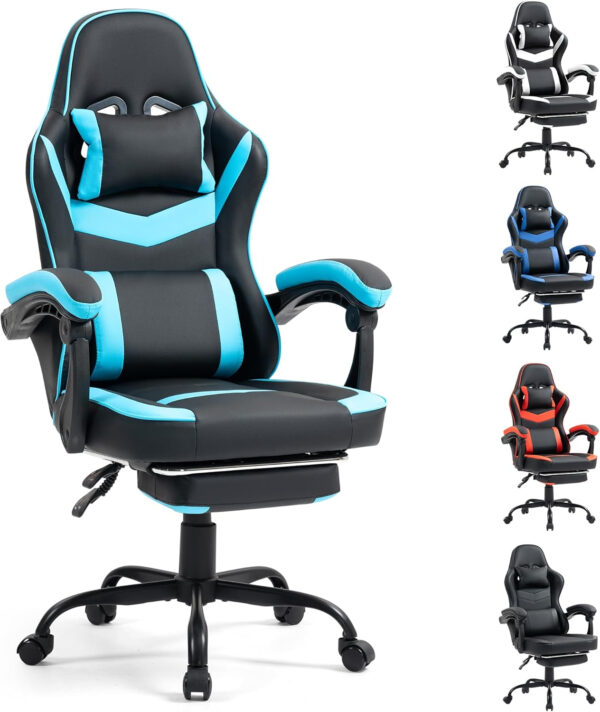 Gaming Chair with Footrest for Adults - Ergonomic Gaming Chairs with Foot Rest - Big and Tall Computer Game Chair - PU Leather Reclining Video Game Chairs with Spring Cushion - Black/White