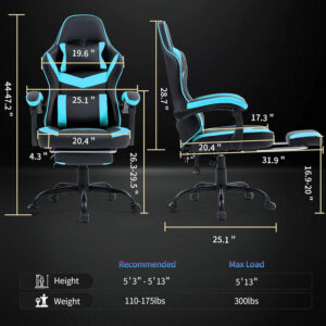 Gaming Chair with Footrest for Adults - Ergonomic Gaming Chairs with Foot Rest - Big and Tall Computer Game Chair - PU Leather Reclining Video Game Chairs with Spring Cushion - Black/White