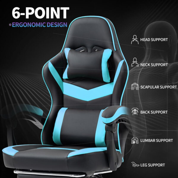 Gaming Chair with Footrest for Adults - Ergonomic Gaming Chairs with Foot Rest - Big and Tall Computer Game Chair - PU Leather Reclining Video Game Chairs with Spring Cushion - Black/White