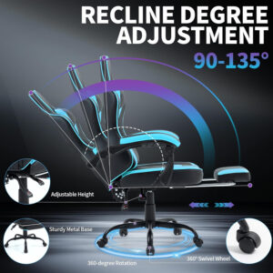 Gaming Chair with Footrest for Adults - Ergonomic Gaming Chairs with Foot Rest - Big and Tall Computer Game Chair - PU Leather Reclining Video Game Chairs with Spring Cushion - Black/White