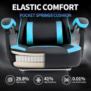 Gaming Chair with Footrest for Adults - Ergonomic Gaming Chairs with Foot Rest - Big and Tall Computer Game Chair - PU Leather Reclining Video Game Chairs with Spring Cushion - Black/White