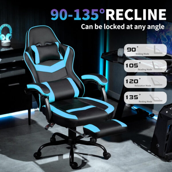Gaming Chair with Footrest for Adults - Ergonomic Gaming Chairs with Foot Rest - Big and Tall Computer Game Chair - PU Leather Reclining Video Game Chairs with Spring Cushion - Black/White