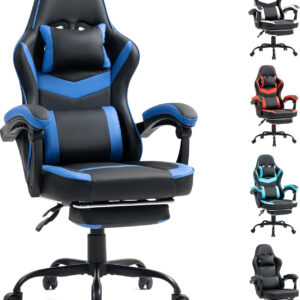 Gaming Chair with Footrest for Adults - Ergonomic Gaming Chairs with Foot Rest - Big and Tall Computer Game Chair - PU Leather Reclining Video Game Chairs with Spring Cushion - Black/White