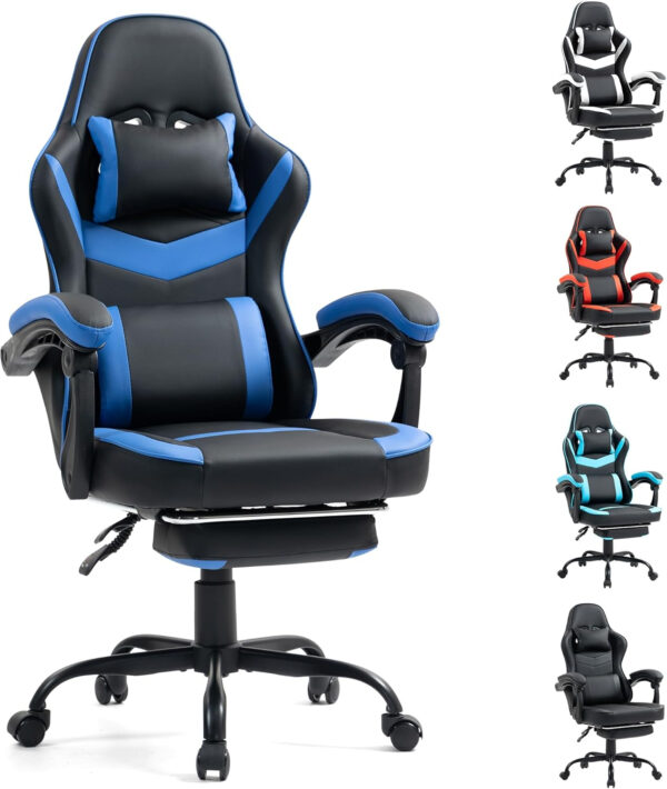 Gaming Chair with Footrest for Adults - Ergonomic Gaming Chairs with Foot Rest - Big and Tall Computer Game Chair - PU Leather Reclining Video Game Chairs with Spring Cushion - Black/White