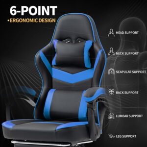 Gaming Chair with Footrest for Adults - Ergonomic Gaming Chairs with Foot Rest - Big and Tall Computer Game Chair - PU Leather Reclining Video Game Chairs with Spring Cushion - Black/White
