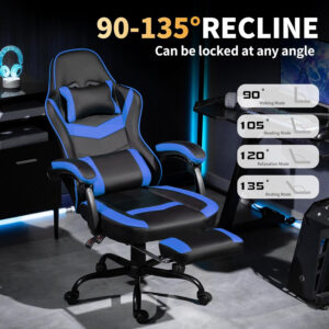 Gaming Chair with Footrest for Adults - Ergonomic Gaming Chairs with Foot Rest - Big and Tall Computer Game Chair - PU Leather Reclining Video Game Chairs with Spring Cushion - Black/White