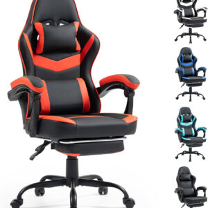 Gaming Chair with Footrest for Adults - Ergonomic Gaming Chairs with Foot Rest - Big and Tall Computer Game Chair - PU Leather Reclining Video Game Chairs with Spring Cushion - Black/White