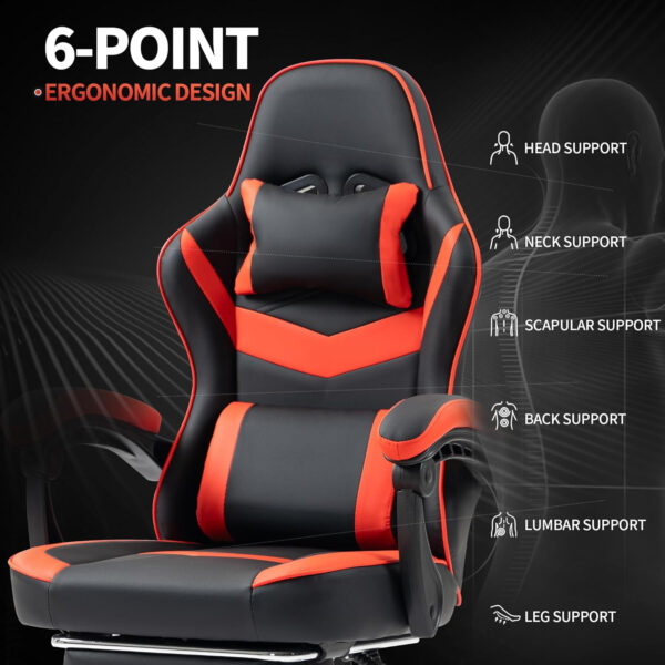 Gaming Chair with Footrest for Adults - Ergonomic Gaming Chairs with Foot Rest - Big and Tall Computer Game Chair - PU Leather Reclining Video Game Chairs with Spring Cushion - Black/White