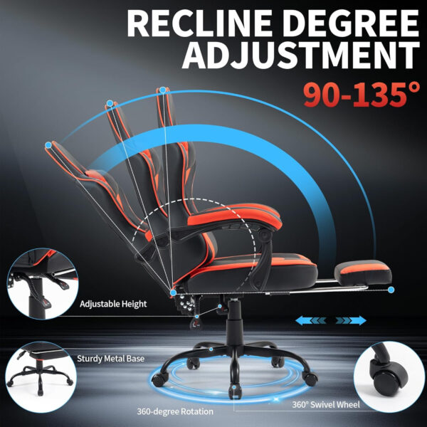 Gaming Chair with Footrest for Adults - Ergonomic Gaming Chairs with Foot Rest - Big and Tall Computer Game Chair - PU Leather Reclining Video Game Chairs with Spring Cushion - Black/White