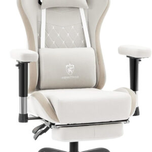 Gaming Chair Breathable Fabric,Computer Office Chair with Footrest,Massage Lumbar Support and Gel Pad,Ergonomic Reclining Gamer Chair with Adjustable Armrests and Spring Cushion Beige