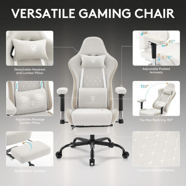 Gaming Chair Breathable Fabric,Computer Office Chair with Footrest,Massage Lumbar Support and Gel Pad,Ergonomic Reclining Gamer Chair with Adjustable Armrests and Spring Cushion Beige