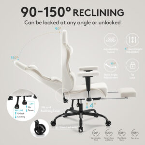 Gaming Chair Breathable Fabric,Computer Office Chair with Footrest,Massage Lumbar Support and Gel Pad,Ergonomic Reclining Gamer Chair with Adjustable Armrests and Spring Cushion Beige