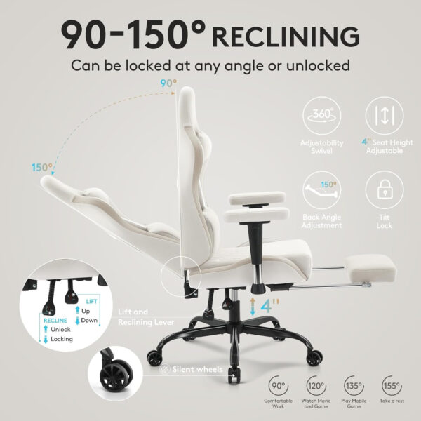 Gaming Chair Breathable Fabric,Computer Office Chair with Footrest,Massage Lumbar Support and Gel Pad,Ergonomic Reclining Gamer Chair with Adjustable Armrests and Spring Cushion Beige