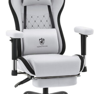 Gaming Chair Breathable Fabric,Computer Office Chair with Footrest,Massage Lumbar Support and Gel Pad,Ergonomic Reclining Gamer Chair with Adjustable Armrests and Spring Cushion Beige