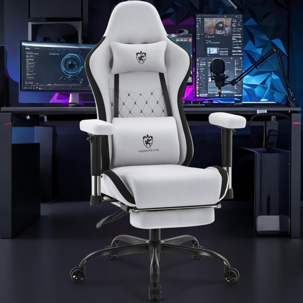 Gaming Chair Breathable Fabric,Computer Office Chair with Footrest,Massage Lumbar Support and Gel Pad,Ergonomic Reclining Gamer Chair with Adjustable Armrests and Spring Cushion Beige