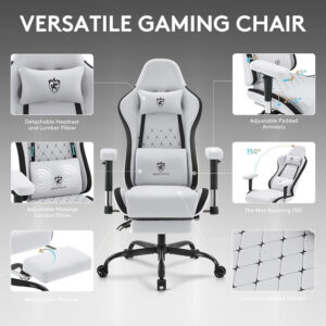 Gaming Chair Breathable Fabric,Computer Office Chair with Footrest,Massage Lumbar Support and Gel Pad,Ergonomic Reclining Gamer Chair with Adjustable Armrests and Spring Cushion Beige