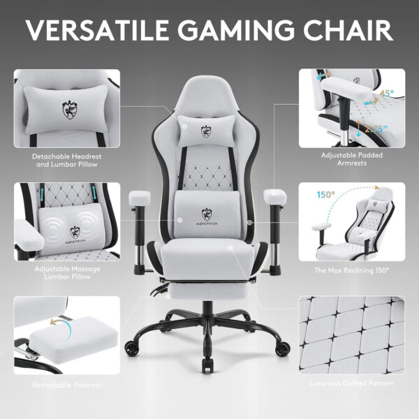 Gaming Chair Breathable Fabric,Computer Office Chair with Footrest,Massage Lumbar Support and Gel Pad,Ergonomic Reclining Gamer Chair with Adjustable Armrests and Spring Cushion Beige
