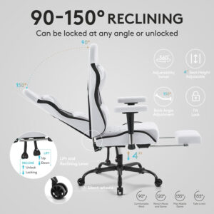 Gaming Chair Breathable Fabric,Computer Office Chair with Footrest,Massage Lumbar Support and Gel Pad,Ergonomic Reclining Gamer Chair with Adjustable Armrests and Spring Cushion Beige