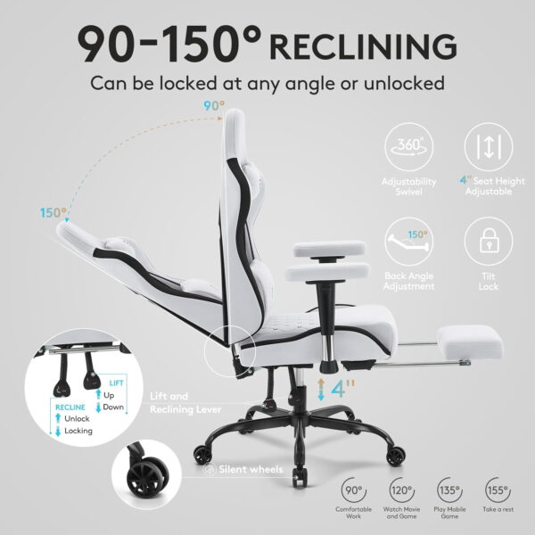 Gaming Chair Breathable Fabric,Computer Office Chair with Footrest,Massage Lumbar Support and Gel Pad,Ergonomic Reclining Gamer Chair with Adjustable Armrests and Spring Cushion Beige