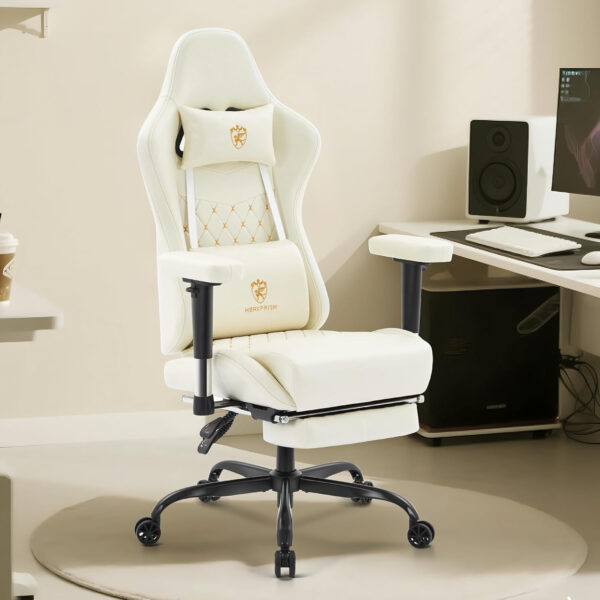 Gaming Chair Breathable Fabric,Computer Office Chair with Footrest,Massage Lumbar Support and Gel Pad,Ergonomic Reclining Gamer Chair with Adjustable Armrests and Spring Cushion Beige