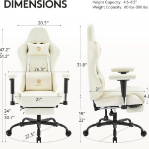 Gaming Chair Breathable Fabric,Computer Office Chair with Footrest,Massage Lumbar Support and Gel Pad,Ergonomic Reclining Gamer Chair with Adjustable Armrests and Spring Cushion Beige