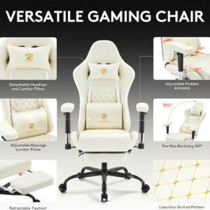 Gaming Chair Breathable Fabric,Computer Office Chair with Footrest,Massage Lumbar Support and Gel Pad,Ergonomic Reclining Gamer Chair with Adjustable Armrests and Spring Cushion Beige